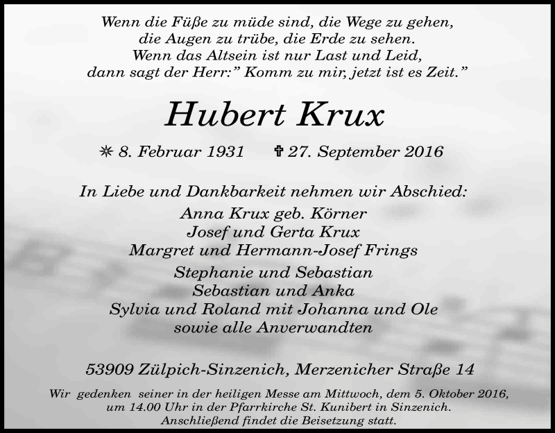  Traueranzeige für Hubert Krux vom 01.10.2016 aus Kölner Stadt-Anzeiger / Kölnische Rundschau / Express