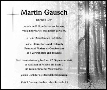 Anzeige von Martin Gausch von Kölner Stadt-Anzeiger / Kölnische Rundschau / Express