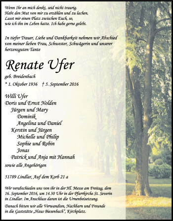 Anzeige von Renate Ufer von Kölner Stadt-Anzeiger / Kölnische Rundschau / Express