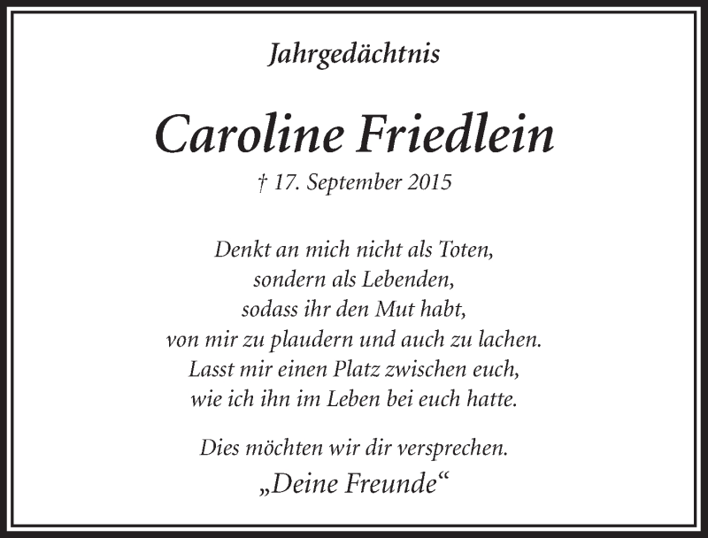  Traueranzeige für Caroline Friedlein vom 14.09.2016 aus  Bergisches Handelsblatt 