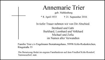 Anzeige von Annemarie Trier von  Kölner Wochenspiegel 