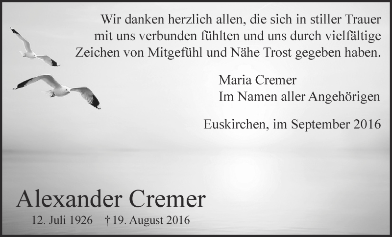  Traueranzeige für Alexander Cremer vom 17.09.2016 aus  Blickpunkt Euskirchen 