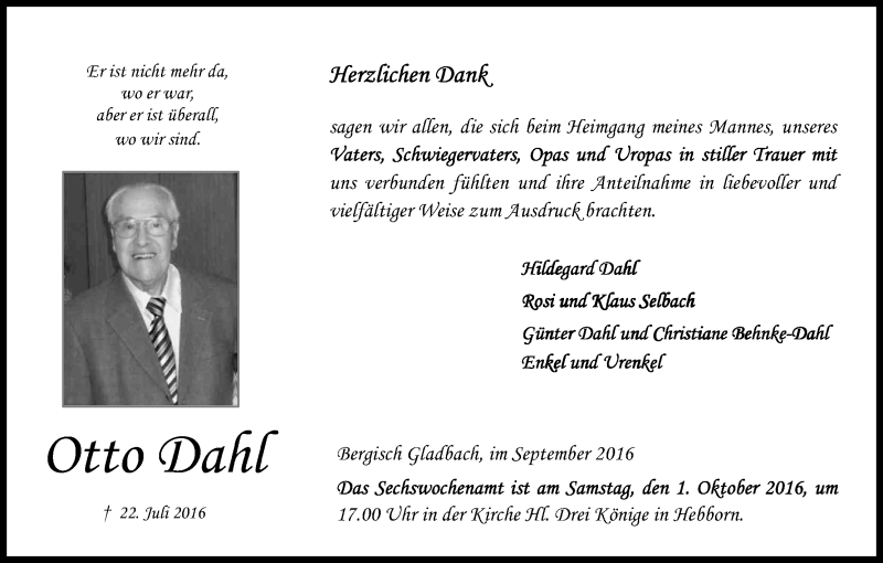  Traueranzeige für Otto Dahl vom 24.09.2016 aus Kölner Stadt-Anzeiger / Kölnische Rundschau / Express