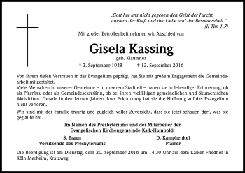 Anzeige von Gisela Kassing von Kölner Stadt-Anzeiger / Kölnische Rundschau / Express