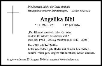 Anzeige von Angelika Bihl von Kölner Stadt-Anzeiger / Kölnische Rundschau / Express