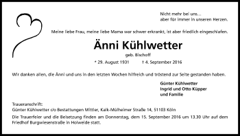 Anzeige von Änni Kühlwetter von Kölner Stadt-Anzeiger / Kölnische Rundschau / Express