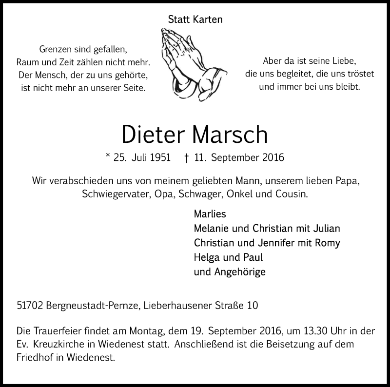  Traueranzeige für Dieter Marsch vom 14.09.2016 aus Kölner Stadt-Anzeiger / Kölnische Rundschau / Express