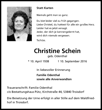 Anzeige von Christine Schein von Kölner Stadt-Anzeiger / Kölnische Rundschau / Express