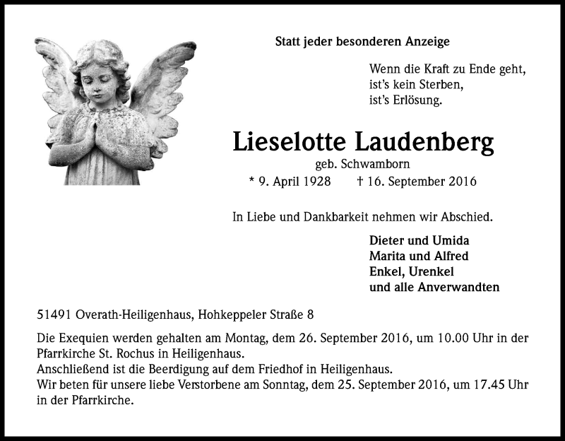  Traueranzeige für Lieselotte Laudenberg vom 20.09.2016 aus Kölner Stadt-Anzeiger / Kölnische Rundschau / Express