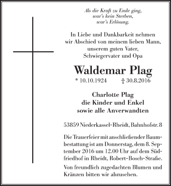 Anzeige von Waldemar Plag von  Extra Blatt 
