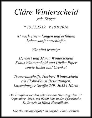 Anzeige von Cläre Winterscheid von Kölner Stadt-Anzeiger / Kölnische Rundschau / Express