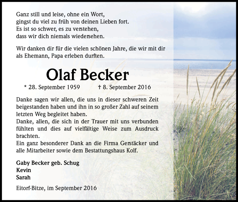  Traueranzeige für Olaf Becker vom 24.09.2016 aus Kölner Stadt-Anzeiger / Kölnische Rundschau / Express