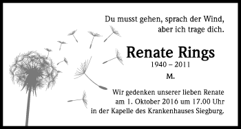 Anzeige von Renate Rings von Kölner Stadt-Anzeiger / Kölnische Rundschau / Express