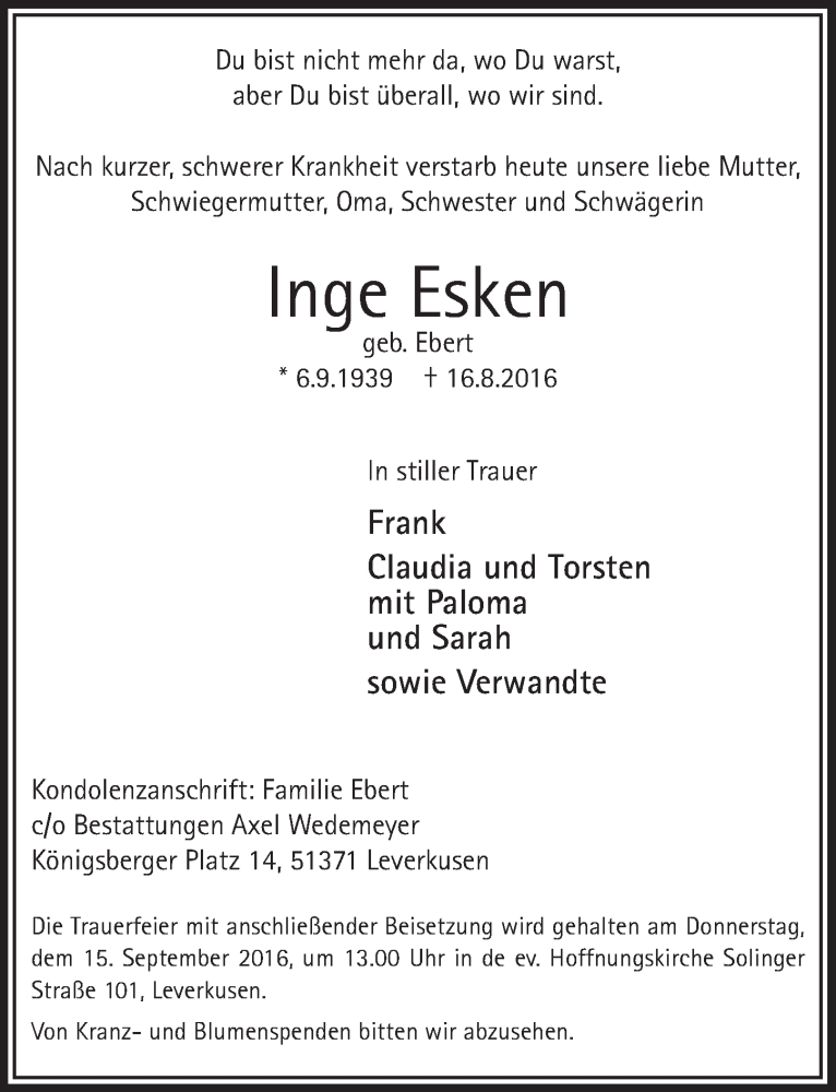 Traueranzeige für Inge Esken vom 03.09.2016 aus  Leverkusener Wochenende 