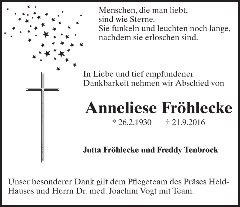  Traueranzeige für Anneliese Fröhlecke vom 28.09.2016 aus  Schlossbote/Werbekurier 