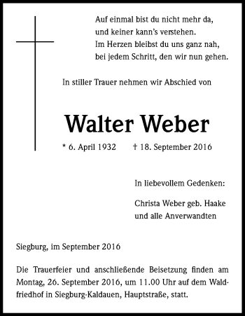 Anzeige von Walter Weber von Kölner Stadt-Anzeiger / Kölnische Rundschau / Express