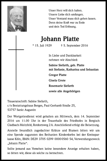 Anzeige von Johann Platte von Kölner Stadt-Anzeiger / Kölnische Rundschau / Express