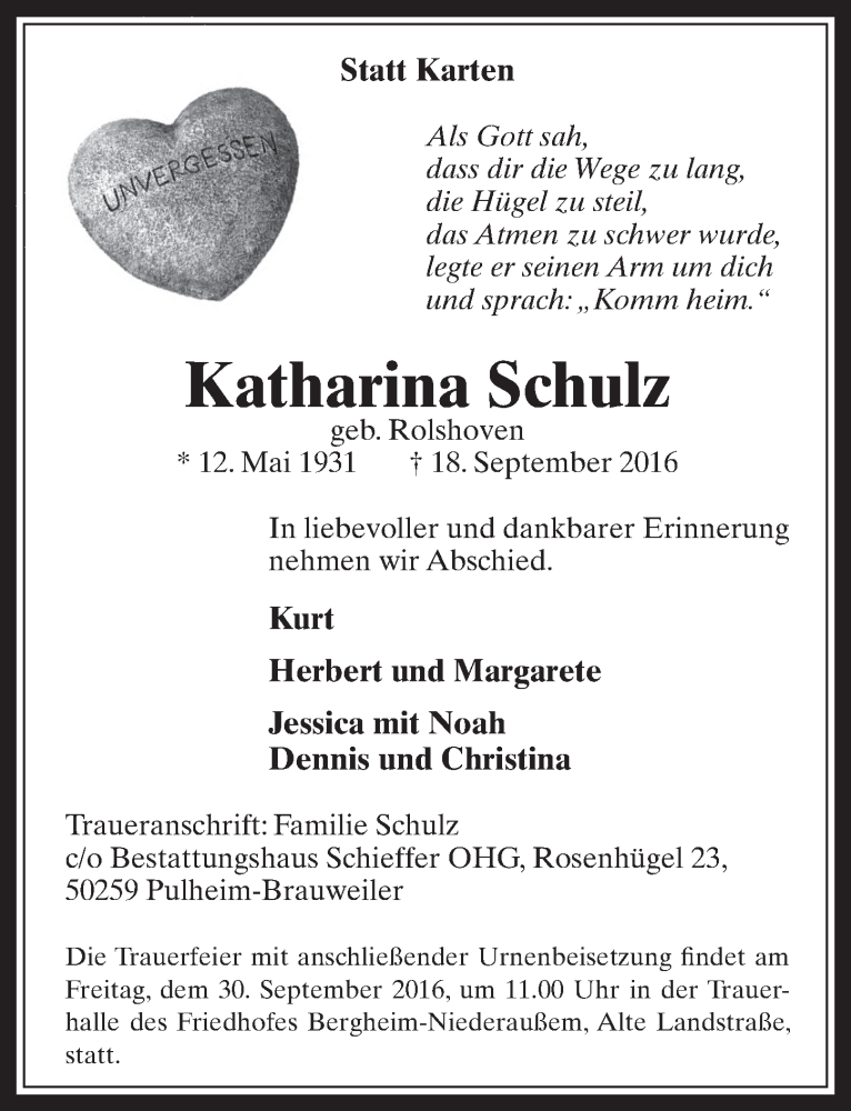  Traueranzeige für Katharina Schulz vom 28.09.2016 aus  Werbepost 