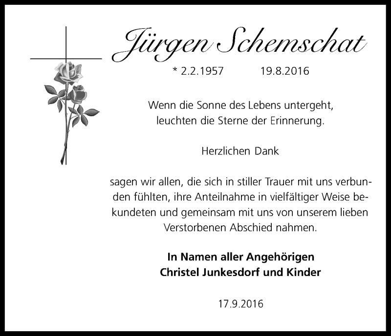  Traueranzeige für Jürgen Schemschat vom 17.09.2016 aus Kölner Stadt-Anzeiger / Kölnische Rundschau / Express