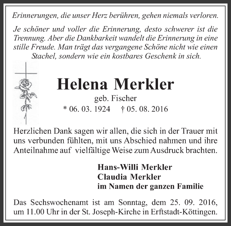  Traueranzeige für Helena Merkler vom 14.09.2016 aus  Werbepost 