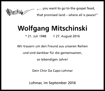 Anzeige von Wolfgang Mitschinski von Kölner Stadt-Anzeiger / Kölnische Rundschau / Express