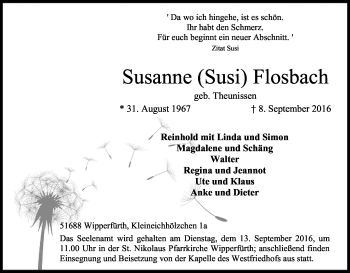 Anzeige von Susanne Flosbach von Kölner Stadt-Anzeiger / Kölnische Rundschau / Express