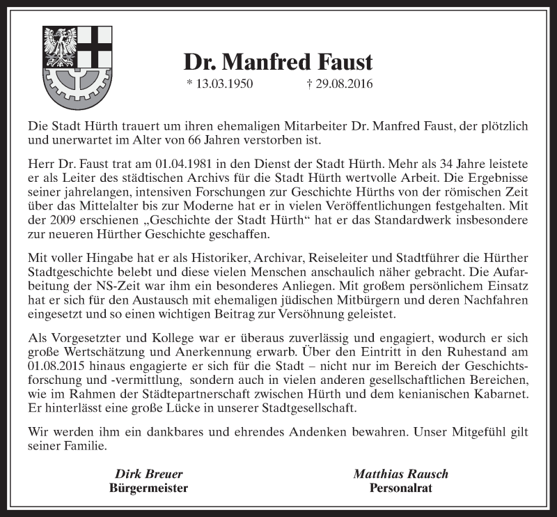  Traueranzeige für Manfred Faust vom 07.09.2016 aus  Wochenende 