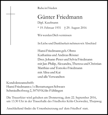 Anzeige von Günter Friedmann von Kölner Stadt-Anzeiger / Kölnische Rundschau / Express