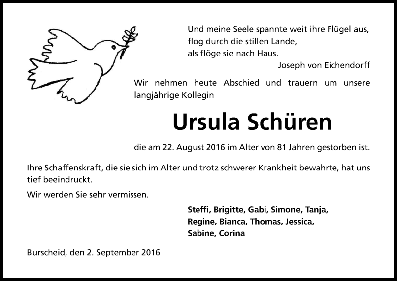  Traueranzeige für Ursula Schüren vom 02.09.2016 aus Kölner Stadt-Anzeiger / Kölnische Rundschau / Express
