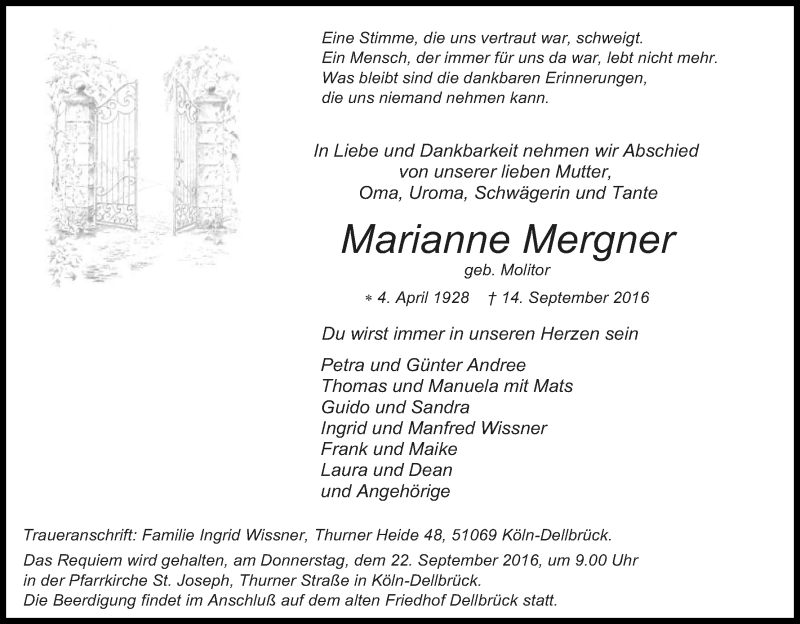  Traueranzeige für Marianne Mergner vom 17.09.2016 aus Kölner Stadt-Anzeiger / Kölnische Rundschau / Express