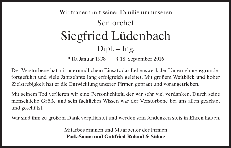  Traueranzeige für Siegfried Lüdenbach vom 28.09.2016 aus  Werbepost 