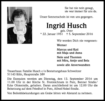 Anzeige von Ingrid Husch von Kölner Stadt-Anzeiger / Kölnische Rundschau / Express