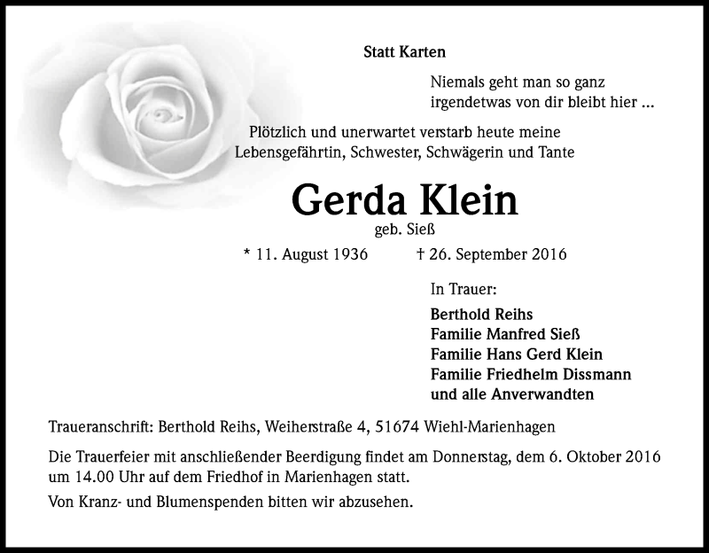  Traueranzeige für Gerda Klein vom 01.10.2016 aus Kölner Stadt-Anzeiger / Kölnische Rundschau / Express
