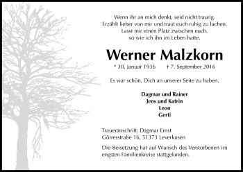 Anzeige von Werner Malzkorn von Kölner Stadt-Anzeiger / Kölnische Rundschau / Express