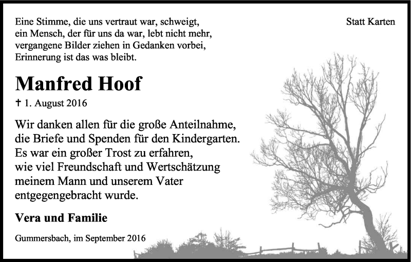  Traueranzeige für Manfred Hoof vom 17.09.2016 aus Kölner Stadt-Anzeiger / Kölnische Rundschau / Express