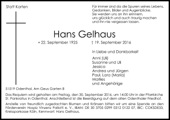 Anzeige von Hans Gelhaus von Kölner Stadt-Anzeiger / Kölnische Rundschau / Express