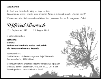 Anzeige von Wilfried Bartsch von Kölner Stadt-Anzeiger / Kölnische Rundschau / Express