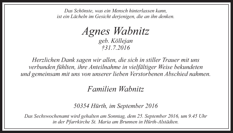  Traueranzeige für Agnes Wabnitz vom 07.09.2016 aus  Wochenende 