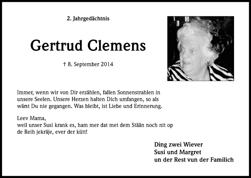  Traueranzeige für Gertrud Clemens vom 08.09.2016 aus Kölner Stadt-Anzeiger / Kölnische Rundschau / Express