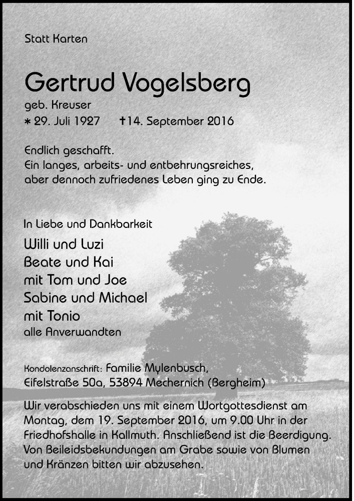  Traueranzeige für Gertrud Vogelsberg vom 17.09.2016 aus  Blickpunkt Euskirchen 