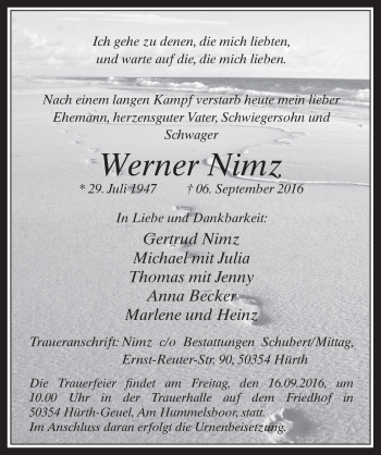 Anzeige von Werner Nimz von  Wochenende 