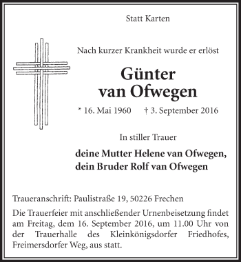Anzeige von Günter van Ofwegen von  Sonntags-Post 