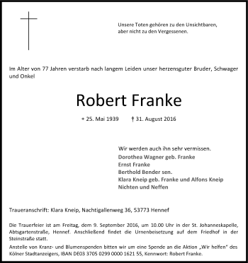 Anzeige von Robert Franke von Kölner Stadt-Anzeiger / Kölnische Rundschau / Express