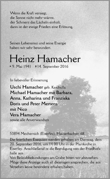 Anzeige von Heinz Hamacher von  Blickpunkt Euskirchen 