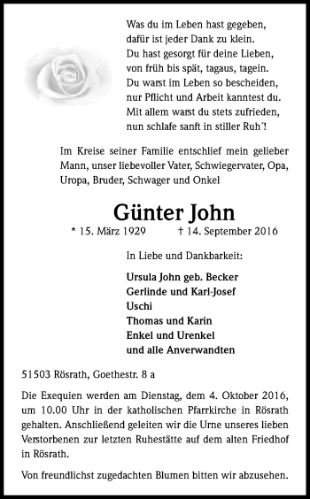 Anzeige von Günter John von Kölner Stadt-Anzeiger / Kölnische Rundschau / Express