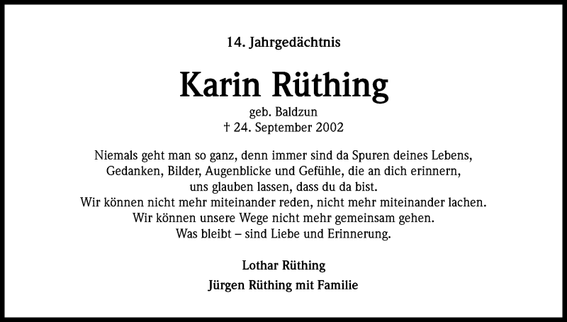  Traueranzeige für Karin Rüthing vom 24.09.2016 aus Kölner Stadt-Anzeiger / Kölnische Rundschau / Express