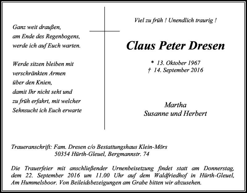  Traueranzeige für Claus Peter Dresen vom 19.09.2016 aus Kölner Stadt-Anzeiger / Kölnische Rundschau / Express