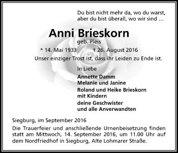 Anzeige von Anni Brieskorn von Kölner Stadt-Anzeiger / Kölnische Rundschau / Express