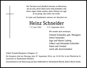Anzeige von Heinz Schneider von Kölner Stadt-Anzeiger / Kölnische Rundschau / Express