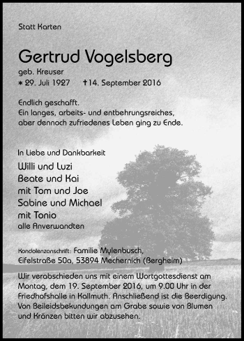 Anzeige von Gertrud Vogelsberg von Kölner Stadt-Anzeiger / Kölnische Rundschau / Express